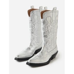 GANNI Made In Portugal Mid Shaft Embroidered Western Boots in Silver